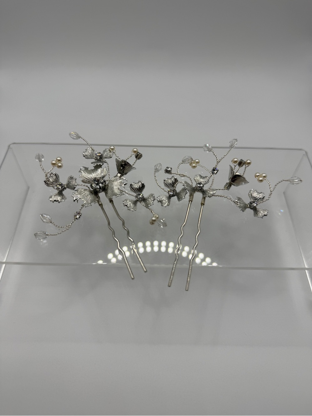 SARA GABRIEL Swarovski Silver Floral Bridal Hair Pins with Pearls + Crystals